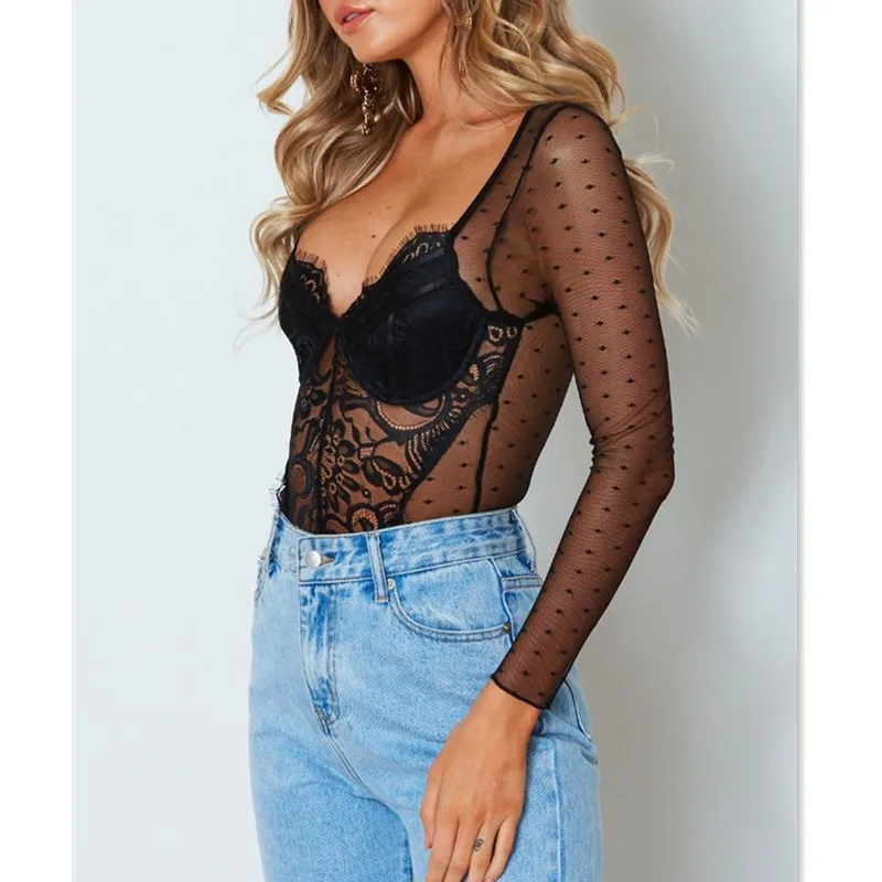 

Ladies Long Sleeve Sexy Women Mesh Sheer Lace Bodysuit Top Catsuit Clubwear Women's Clothes Summer 2019
