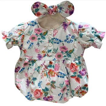 

Newborn Infant Baby Girls floral printed Romper Clothes Outfit Summer vintage kids puff sleeve Jumpsuit Playsuit