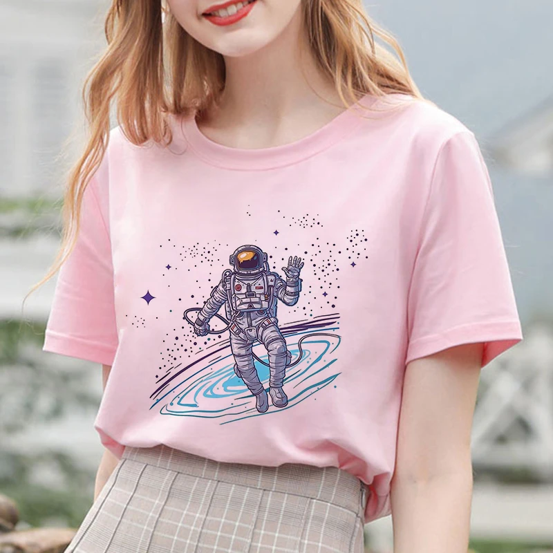 Astronaut Space Walk Graphic Print T-shirt Women Korea Fashion Pink Tops Tshirt Harajuku Aesthetic Sci-fi Style Female T Shirt | Женская