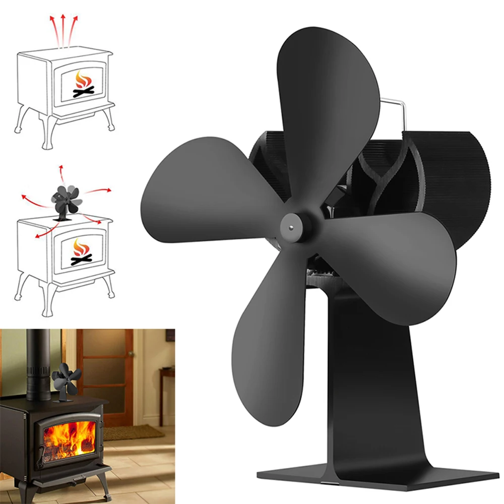 Ventilador de estufa de 4 hojas negro energía térmica para de madera ventilador para hogar silencioso respetuoso con medio ambiente distribución eficiente del - AliExpress