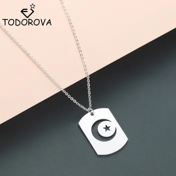 Todorova Stainless Steel Mens Necklace Night Sky Crescent Moon Star Dog Tag Pendant Necklaces for Women Islamic Muslim Jewelry
