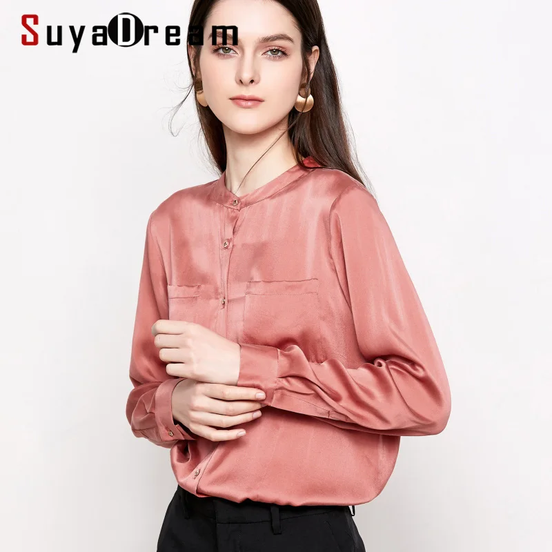 SuyaDream женские одноцветные нагрудные Блузы с карманами 19 мм 100% шелк атлас длинный