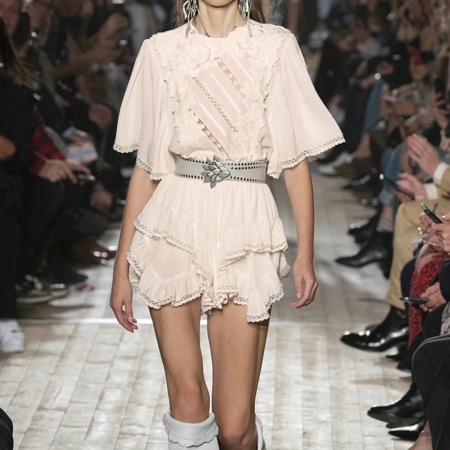 Женское кружевное платье с оборками асимметричное ажурное платье-мини вышивкой