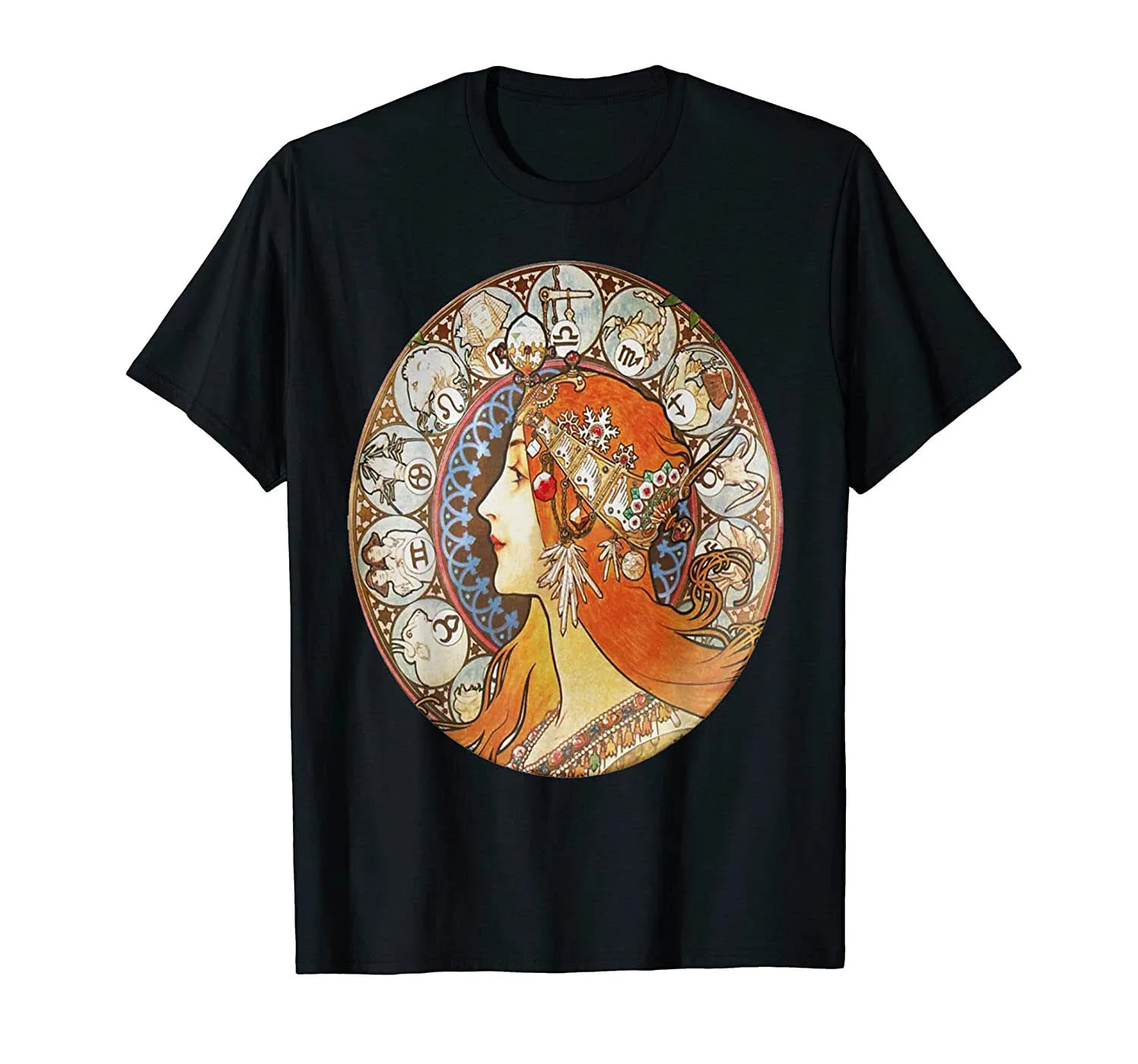 

Art Nouveau Zodiac Signs Gypsy Fortune Teller Alphonse Mucha T-Shirt Men Cotton Tshirt Tees Tops Anime Harajuku Streetwear