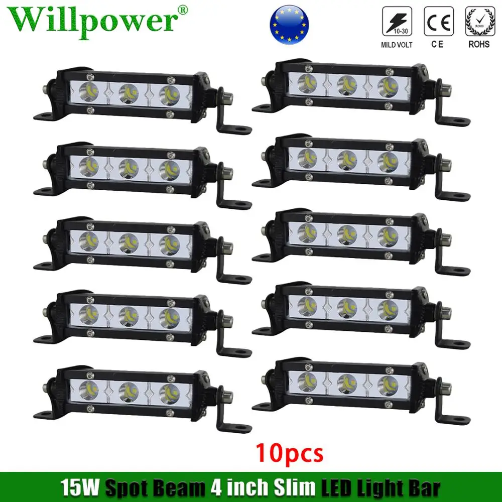 

10x Single Row 15W 4" Slim LED Light Bar Offroad 4x4 Truck SUV Reverse Backup Mini Spotlight Pods Fog Light ATV UTV Driving Lamp