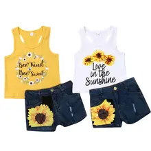Новая одежда для маленьких девочек маечка с подсолнухами, топы+ джинсовые шорты, комплект со штанами