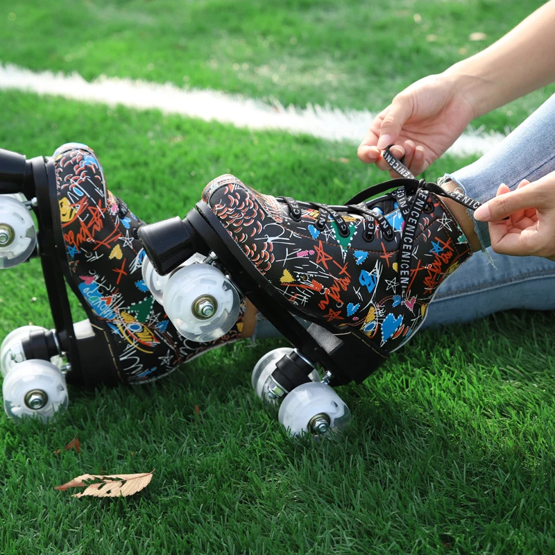 

Graffiti Roller Skates Shoes Double Line Skates Women Men Adult Two Line Skate Shoes Patines With White PU 4 Wheels Patines