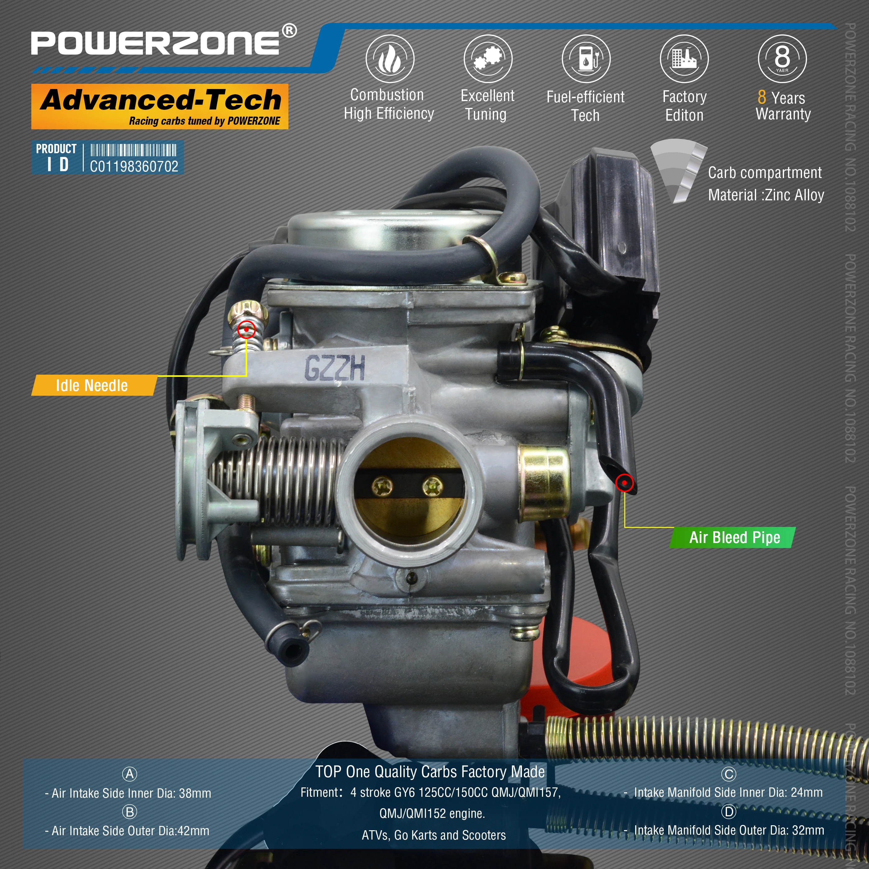 Powerzone карбюратор PD24J 24 мм CVK Ускорительный Насос Carb для GY6 ...