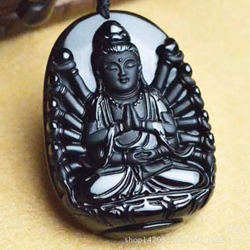 

Free Shipping Natural Black Obsidian Stone Carved Chinese Avalokitesvara Pendant Patron saint Pendant Necklace Men Jades Jewelry