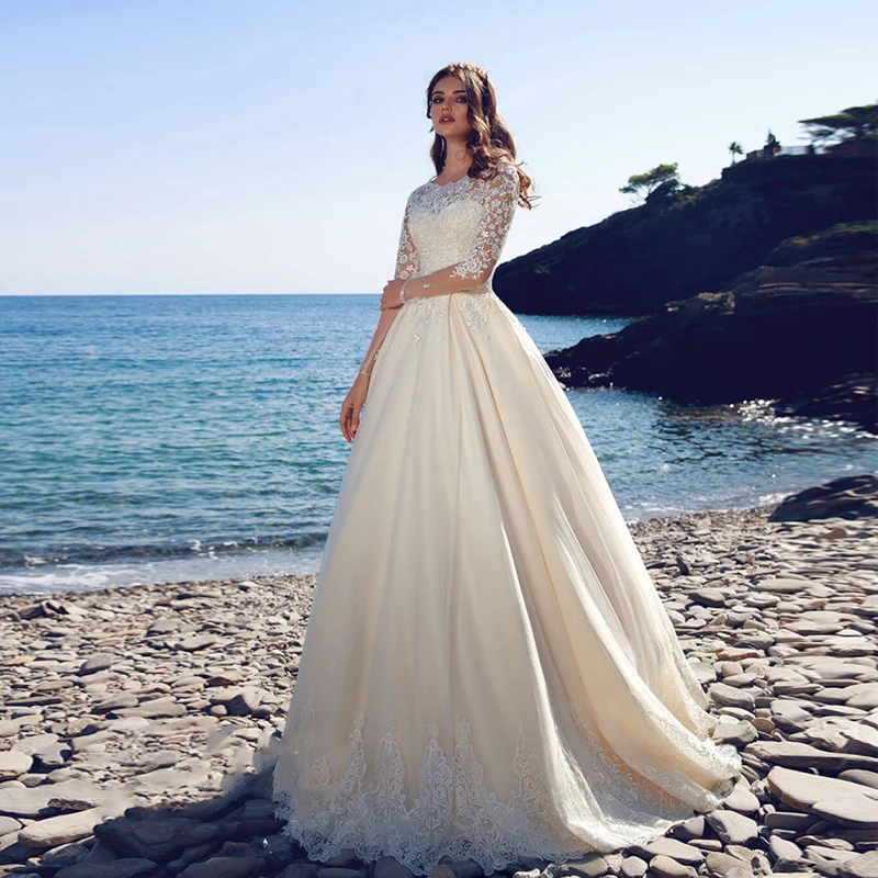 

Verngo Ball Gown Wedding Dress Boho Princess Wedding Gowns Lace Appliques Bride Dress Full Sleeves Vestido De Noiva 2019