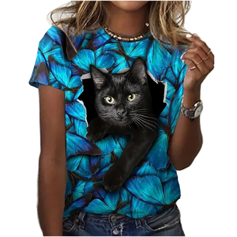 Summer Fashion Women's T-shirt Digital 3D Printing Short Sleeve T-shirt Cute Cat Round Neck Top Loose and Comfortable cute summer crop tops