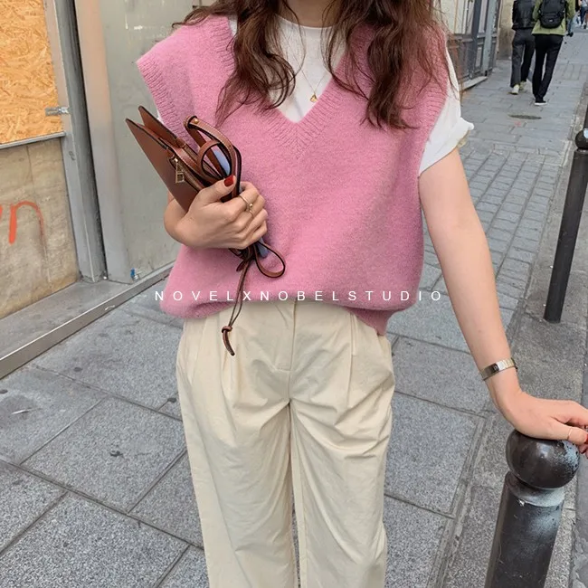 Pullover Vest Sweater Knitted Pink Winter Women Warm Girls Autumn V-Neck Casual New