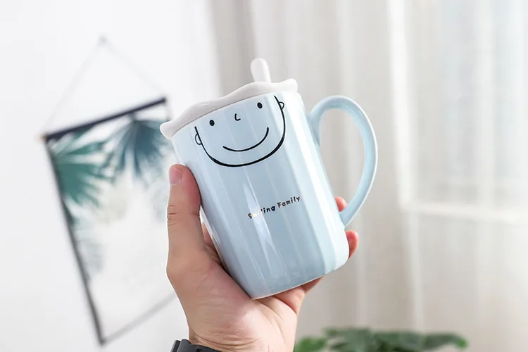 Creative Family Of Three Ceramic Parent-child Mugs With lid spoon Teacup Student Cartoon Cup