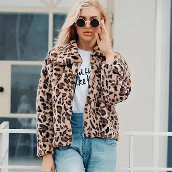 

Plush Fleece Coat Plus Size Women Winter Fluffy Fashion Casual Soft Warm Leopard Lapel Fake Fur Wollen Coat Female Overcoat