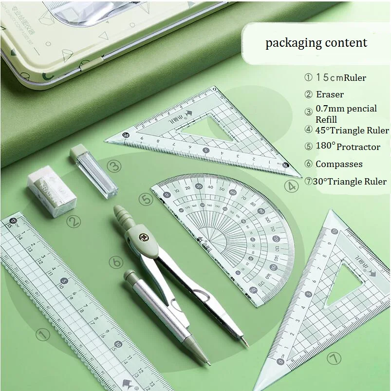 Math Geometry Drawing Compass Ruler Set 7PCS Student Supplies With Shatterproof Storage Box For School Stationery Learning Tools