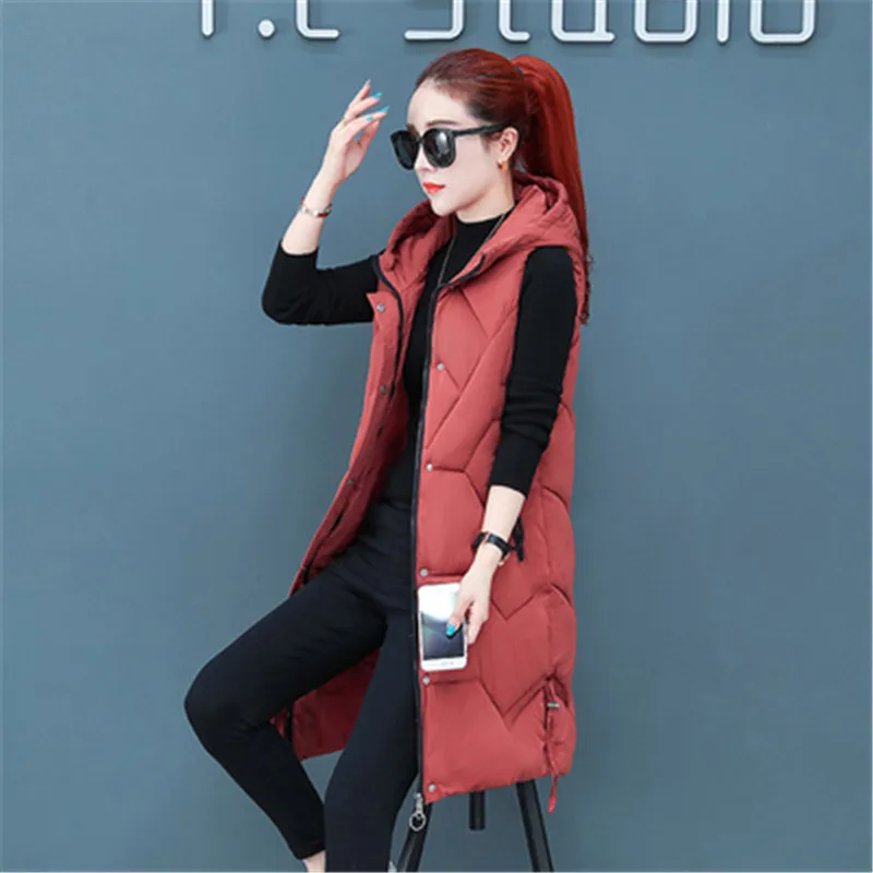 New Down Cotton Winter Sleeveless Vest Women Hooded Slim Outerwear Female Solid Color Long Thicken Waistcoat Plus Size 3XL