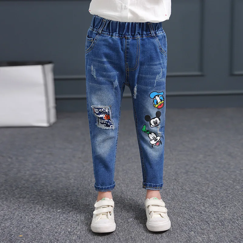 Милые детские штаны с рисунками синие джинсы с дырками для мальчиков и девочек 2, 3, 4, 5, 6, 7, 8 От 9 до 11 лет Детская одежда модные джинсовые штаны