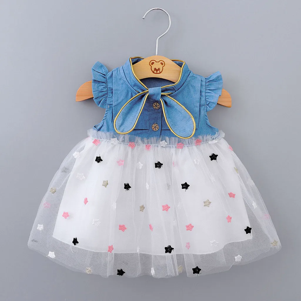 

Baby Dress 2021 NEW Infant Girls Kids Sleeveless Denim Flying Shoulder Mesh Summer плае Princess Gauze Star Outfits Freeship