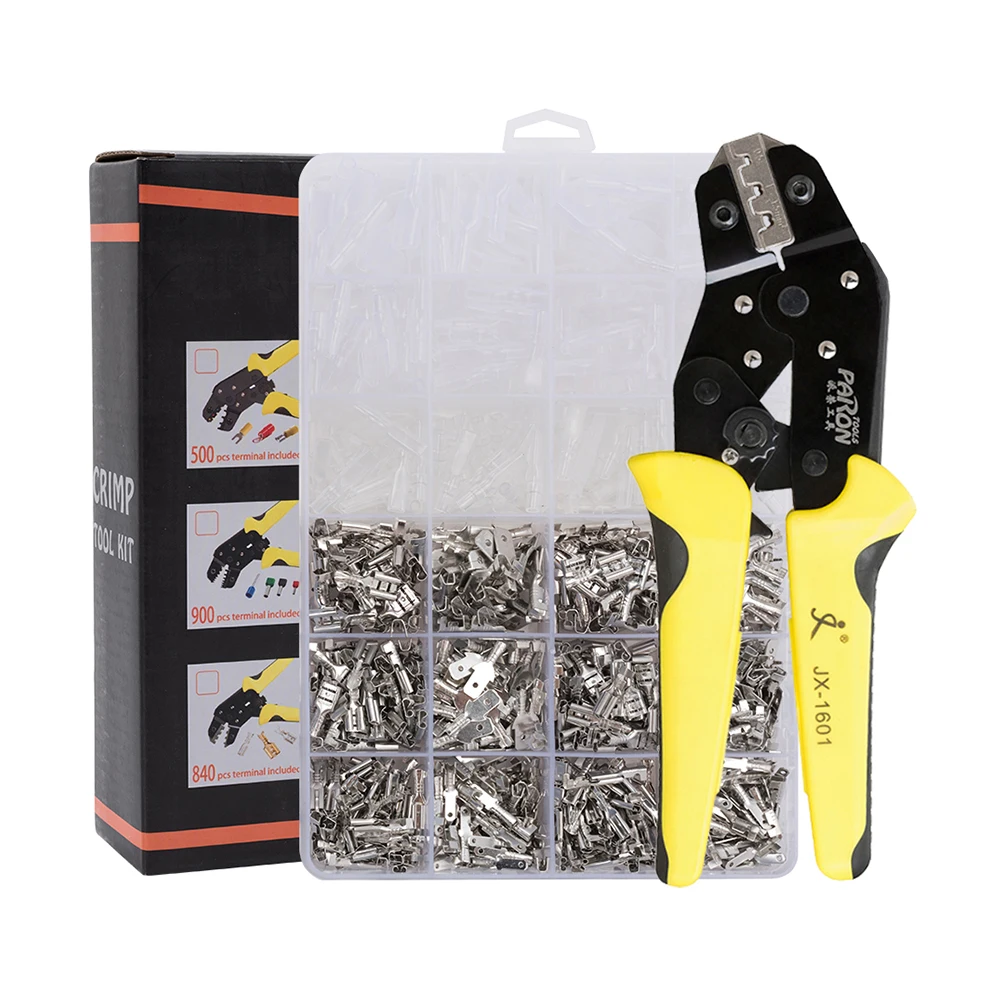 

Wire Terminals Crimping Tool Insulated Ratcheting Crimper Kit of AWG 26-16 with 840PCS Male and Female Spade Connectors