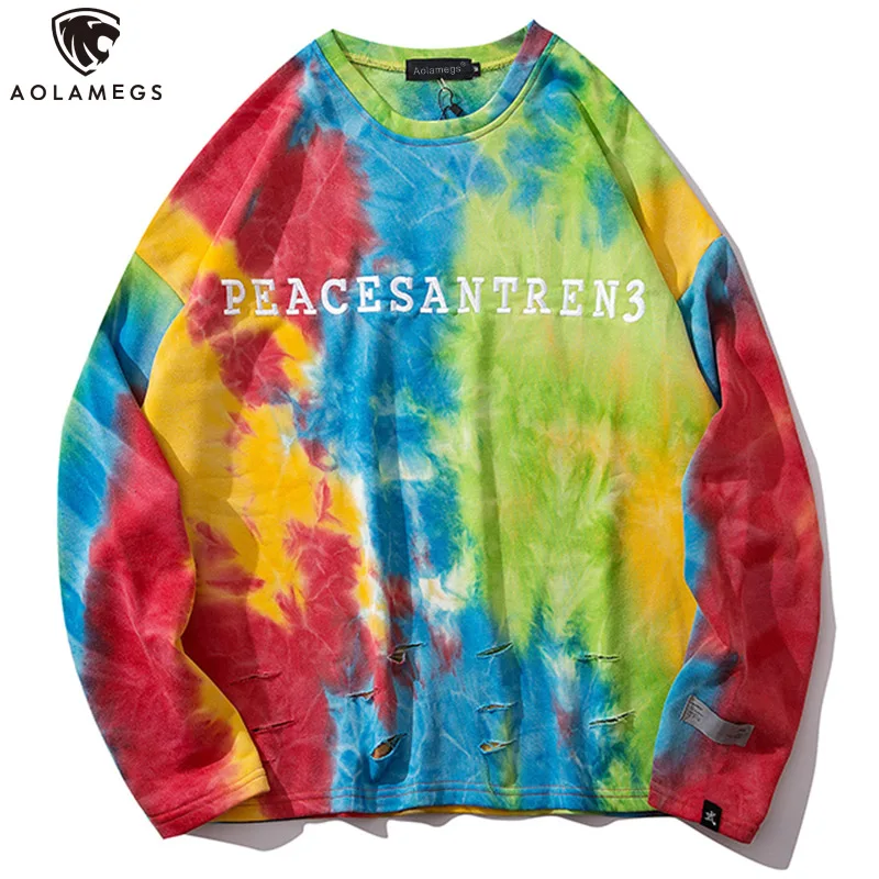 

Aolamegs Sweatshirt Men Watercolor Retro Print Men Pullover Harajuku Broken Hole Tracksuit Hip Hop Casual High Street Streetwear