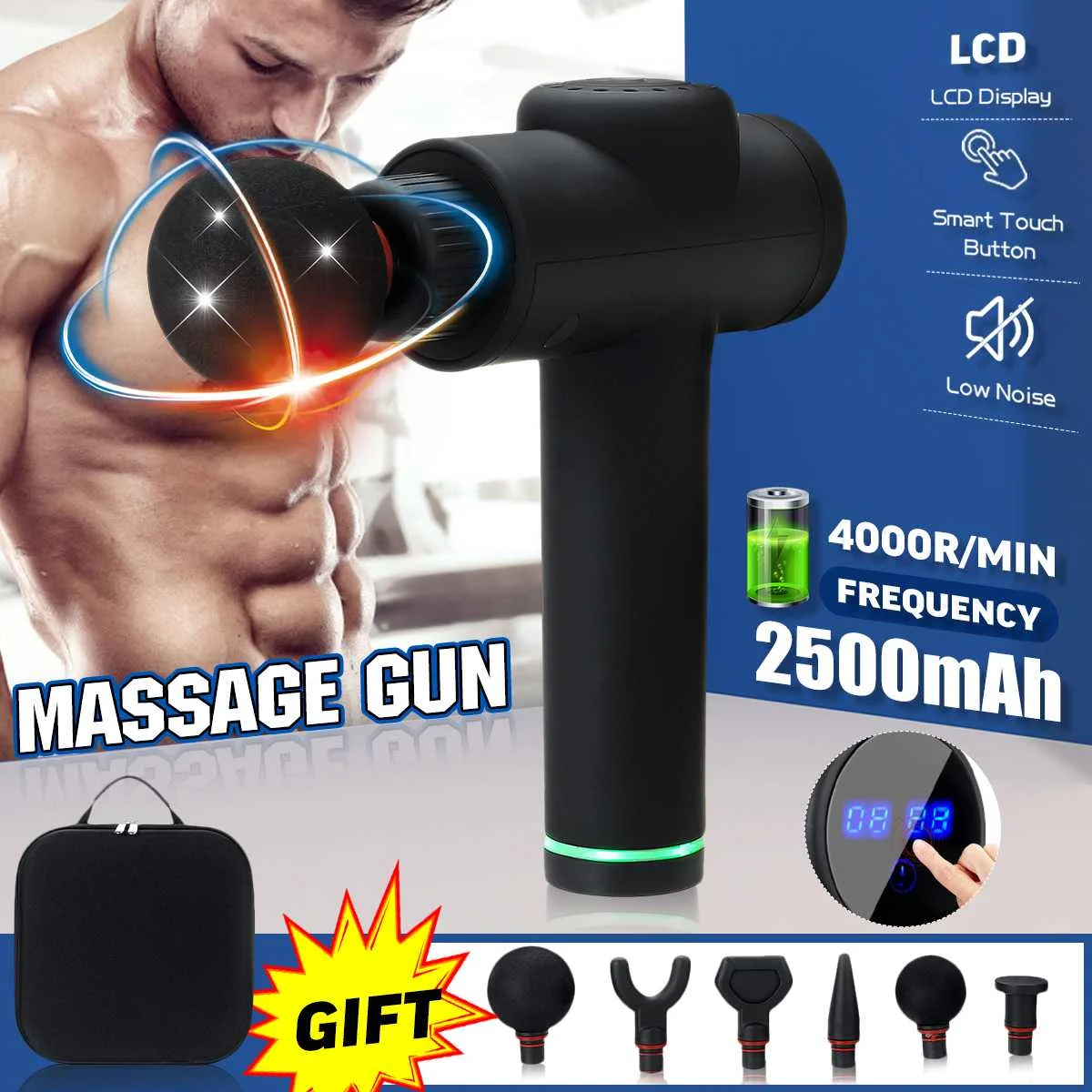 

4000r/min 20 Speed Massage Guns LCD Touch Screen Percussion Muscle Stimulator Massager Muscle Vibration + 6 Heads Storage Bag