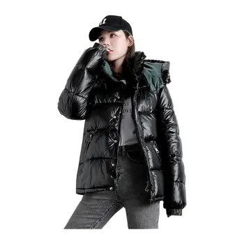

Women Short Winter Jacket Student Strap Glossy Windproof Down Jacket Oversize Cotton padded Parkas Outwear Coat
