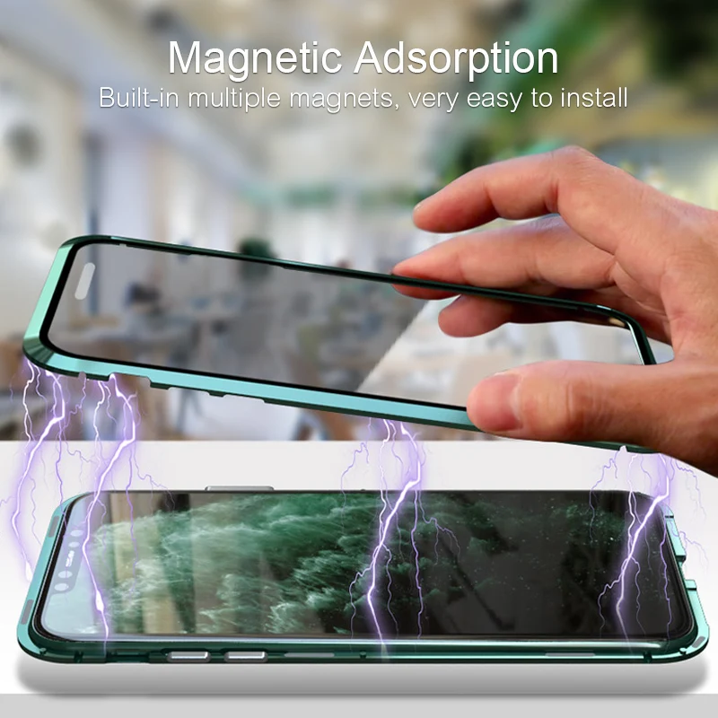 Роскошный Алюминиевый металлический бампер двухсторонний прозрачный стеклянный Магнитный чехол на iPhone 11 Pro Max Магнитные Чехлы 360 Защитный чехол