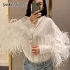 Casual Patchwork Feather Blouse For Women Lapel Lantern Sleeve White Solid Shirt Female Fashion  1