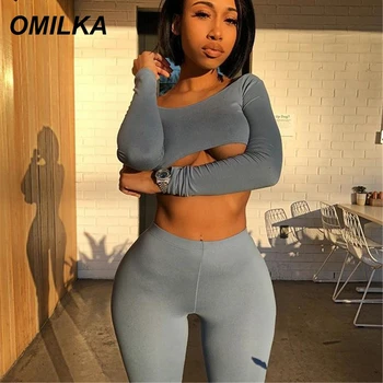 

OMILKA Cotton Gray 2 Piece Set Women 2019 Summer Women Long Sleeve Off the Shoulder Crop Top and Biker Shorts Set Streetwear