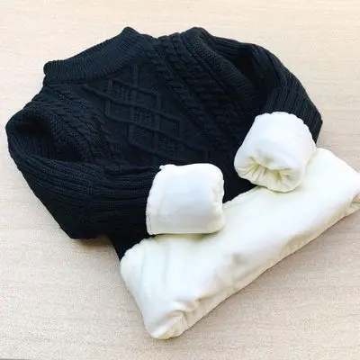 low collar black Новая детская одежда теплые хлопковые пуловеры для маленьких мальчиков, свитера с плюшевой подкладкой зимняя облегающая трикотажная куртка с воротником под горло для девочек от 1 до 12 лет - Цвет: low collar black