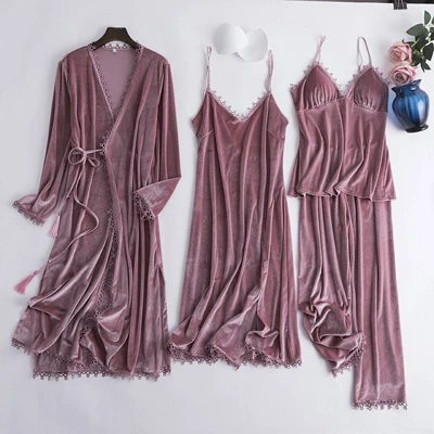 brown pink set Fiklyc нижнее белье бархат 4 шт. теплые зимние женские пижамы элегантный кружевной халат пижамы комплект для сна без рукавов ночное белье - Цвет: brown pink set