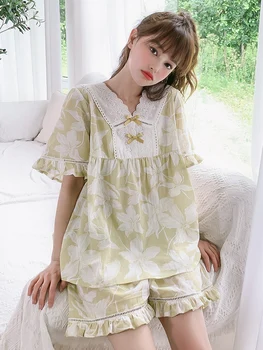 

Summer Ladies Pajamas Short-sleeved Tops with short-Trousers Cotton Two-piece Home Suit for Ladies Home Sleepwear Pijama Mujer