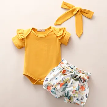 

0-2Y 3pcs Newborn Infant Baby Girls Ruffles Romper Tops+Floral Shorts Outfits Headband Set summer baby girls Clothing