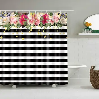 

Waterproof Thicken Watercolor Floral Black Stripes Polyester Mildew Proof Bath Tub Shower Curtain with 12 pcs Hooks