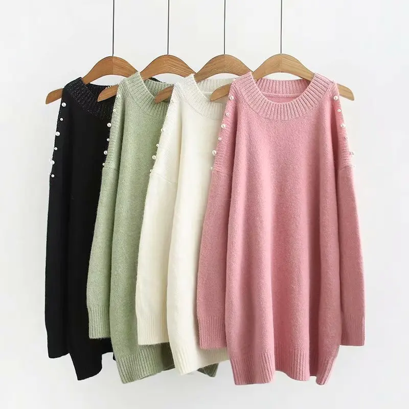 

Plus Size Casual Essential Sweaters 2019 Autumn Women Fashion Loose Long Sleeve bead off-the-shoulder Knitting Pullovers K6-1971