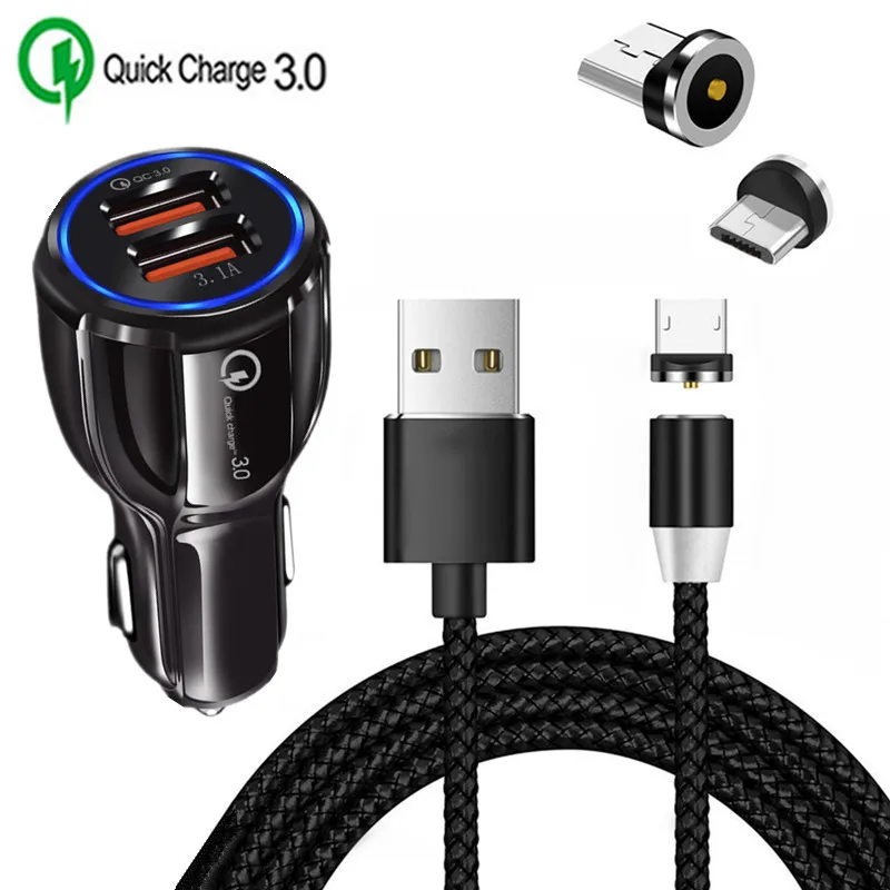 QC 3,0 быстрое автомобильное зарядное устройство магнитный Micro USB кабель для samsung A10 M10 A5 A7 J3 J5 J7 J8 Doogee Oukitel zte LG мобильный телефон - Тип штекера: charger and cable