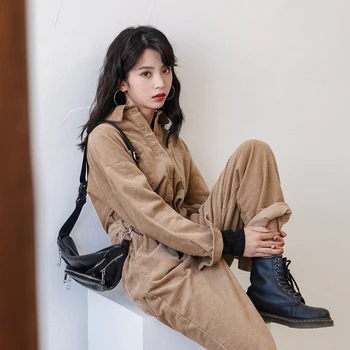 

EAD 2019 winter new retro jumpsuit female Korean casual tooling wind corduroy waist jumpsuit trousers