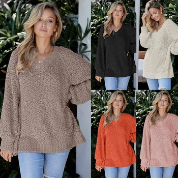 

Knitted sweater women's V-neck pullover loose long sleeve solid color all-match for women 2020 woman Ladies autumn Hot Sale