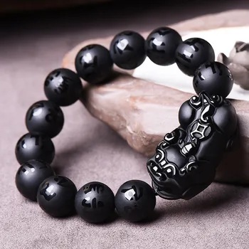 

NATURAL BLACK OBSIDIAN BRACELET SIX-WORD MANTRA ROUND BEADS BRACELET OBSIDIAN PIXIU BANGLES BRACELETS FOR MEN'S JADE JEWELRY