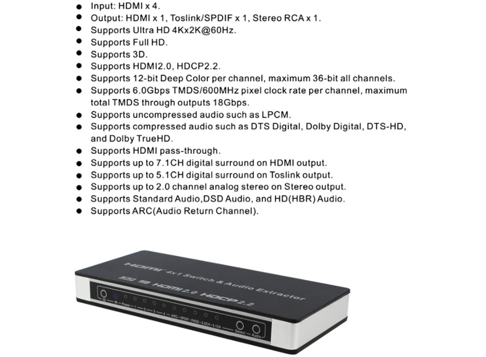 4-портовый HDMI 2,0 переключатель 4x1 с инфракрасным пультом дистанционного управления 60 Гц HDCP 2,2 ARC 3D HDMI коммутатор+ оптический Toslink L/R аудио экстрактор