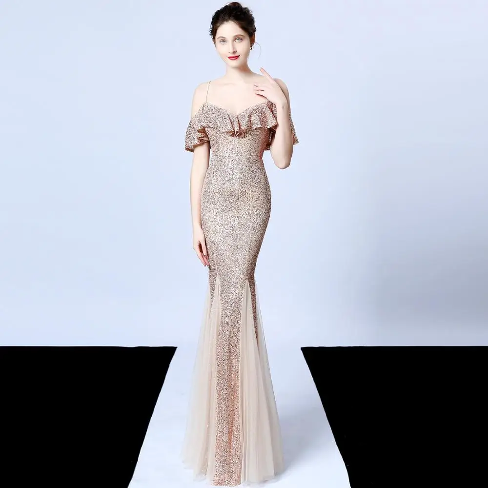

Sexy Sequined Evening Dress Fashion Spaghetti Strap Dress Women Robe De Soiree Off Shoulder Backless Slim Long Party Vestidos