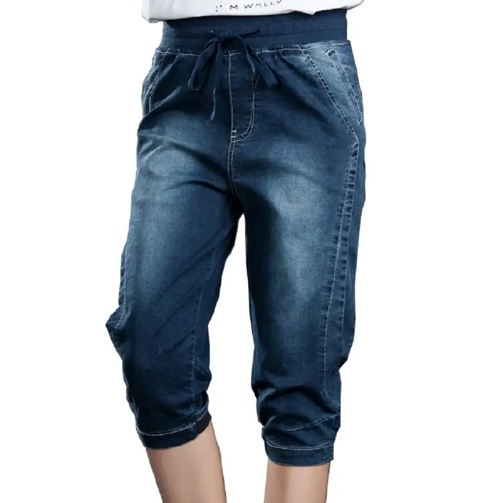 

Elastic Waist Skinny Cropped Denim Jeans Womens Dark Blue Plus Size 3/4 Length Casual Pencil Pant Denim Shorts Capris