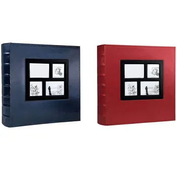 

HOT-2Pcs Photo Album Holds 4X6 400 Photos Pages Large Capacity Leather Cover Binder Family Photo Albums Book - Red & Blue