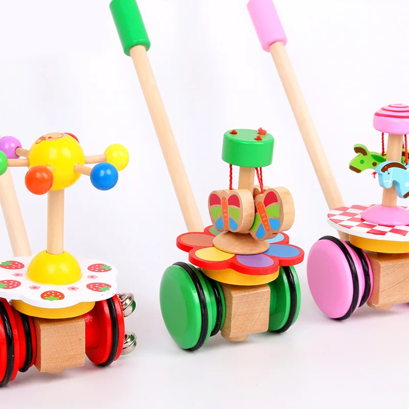Wooden Walker Push Rod Toy Cartoon Rotating Roll Cart Learning Walk Guide Wood First Step Car Toddler Trolley Baby Birthday Gift