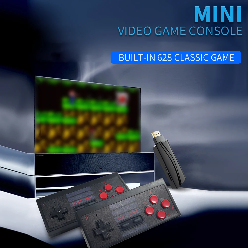 Классическая игровая мини-консоль 628 встроенных игр видеоприставка с двумя