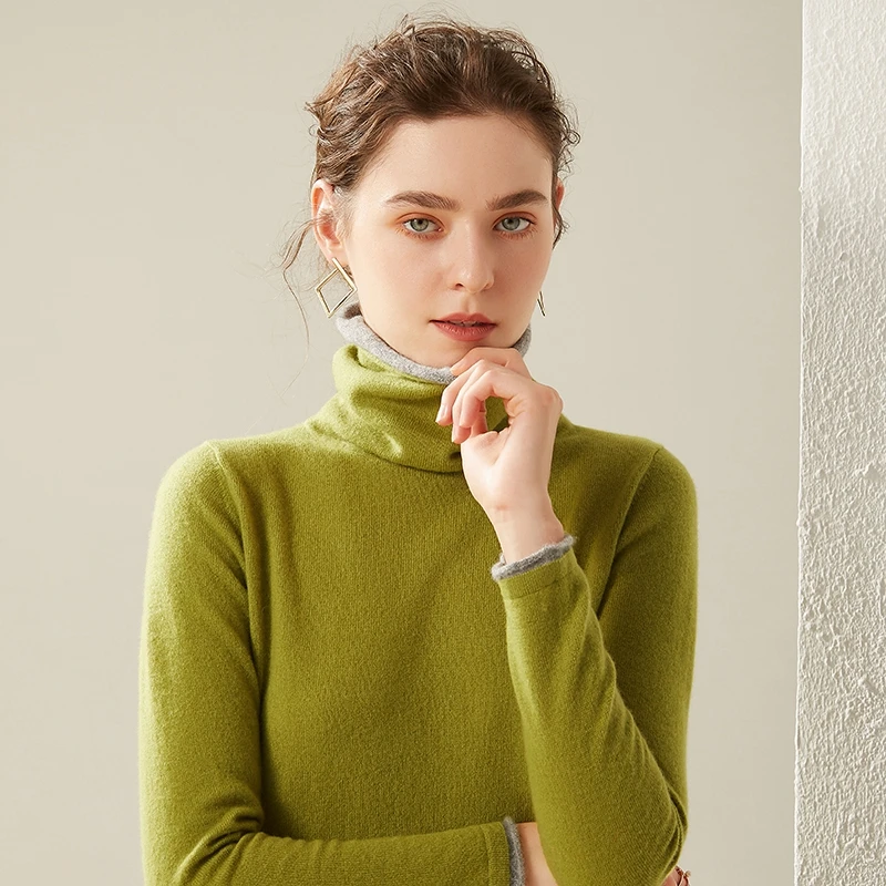 real wool sweater turtleneck winter women's patchwork double layer high collar warm pullover female long sleeves casual sweaters