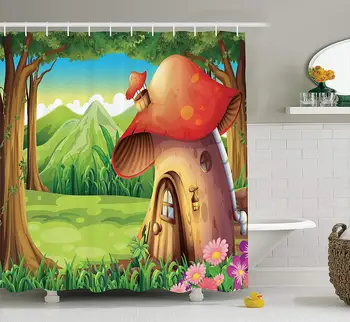 

Mushroom Decor Shower Curtain Shroom House Land Umbrella Mountain Daisies Weeds Surrounding Woods Mountains Bathroom Accessories