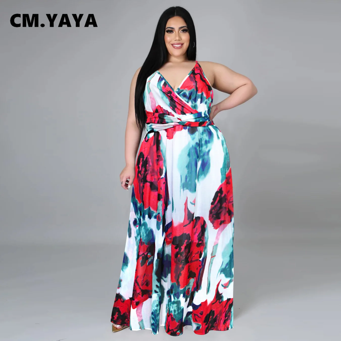 Женское длинное платье на тонких бретелях CM.YAYA офисное с V-образным вырезом