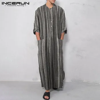 

INCERUN Man Half Sleeve Striped Long Shirts Men Casual Long Robes Muslim Kaftan Shirts Cotton Pockets Vintage Indian Clothes 5XL