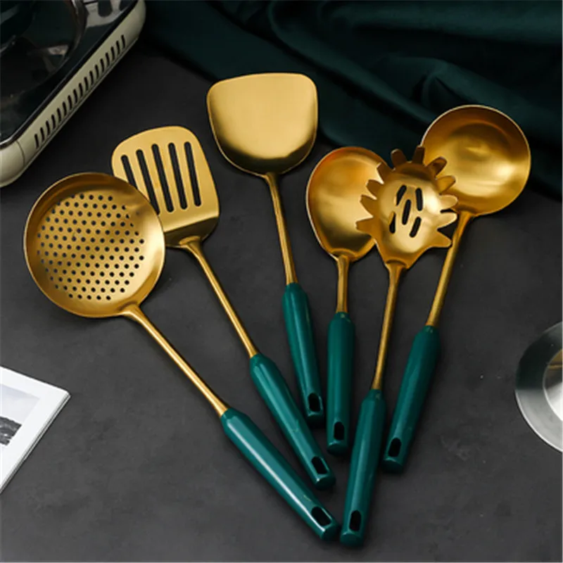 7pcs Green Gold Kitchen Household 304 Stainless Steel Kitchen Utensils